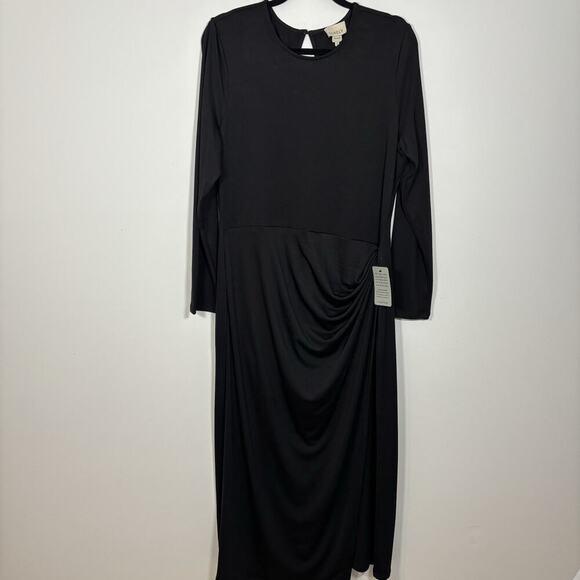 Luxely Black Long Formal Evening Dress Ballgown Size 16 Draped Ruched Waist L/S - Picture 3 of 9